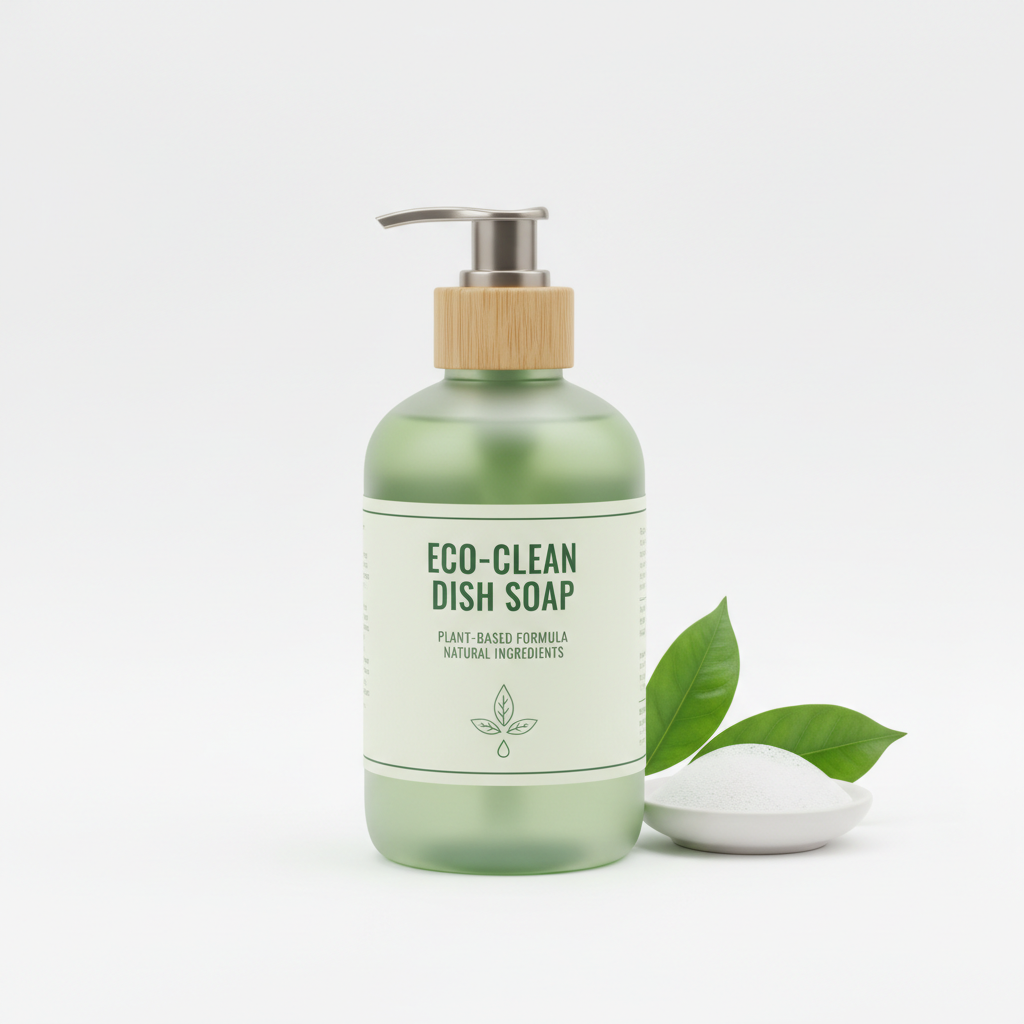 Natural plant-based dish soap bottle on white background