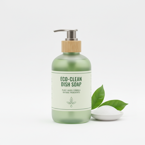 Natural plant-based dish soap bottle on white background