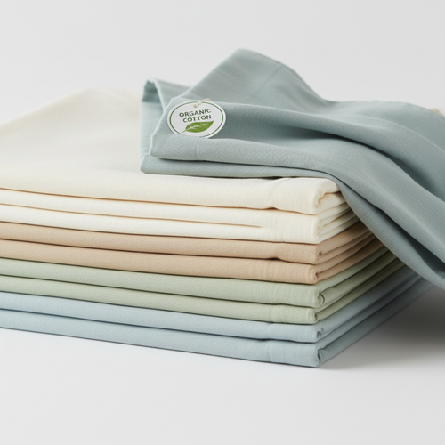 Organic cotton bed sheet set folded on white background
