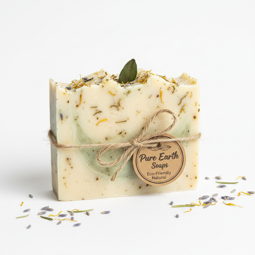 Natural handmade botanical soap bar on white background