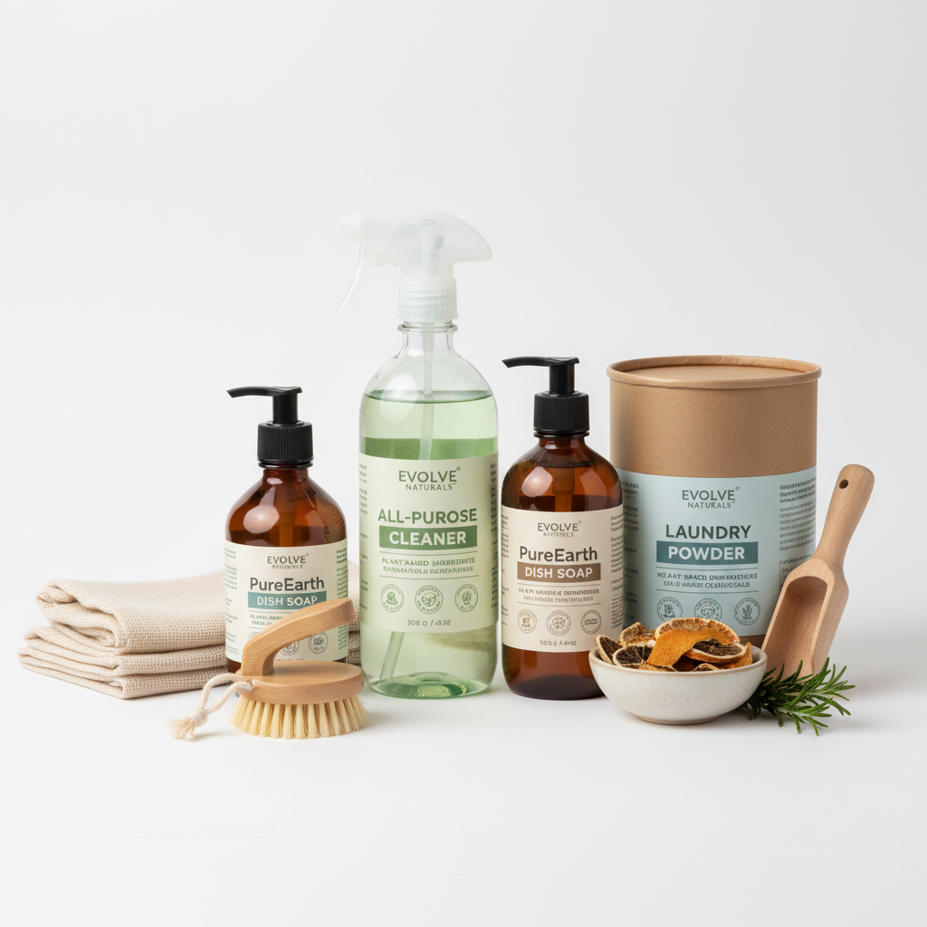 Eco-friendly plant-based home cleaning products on white background