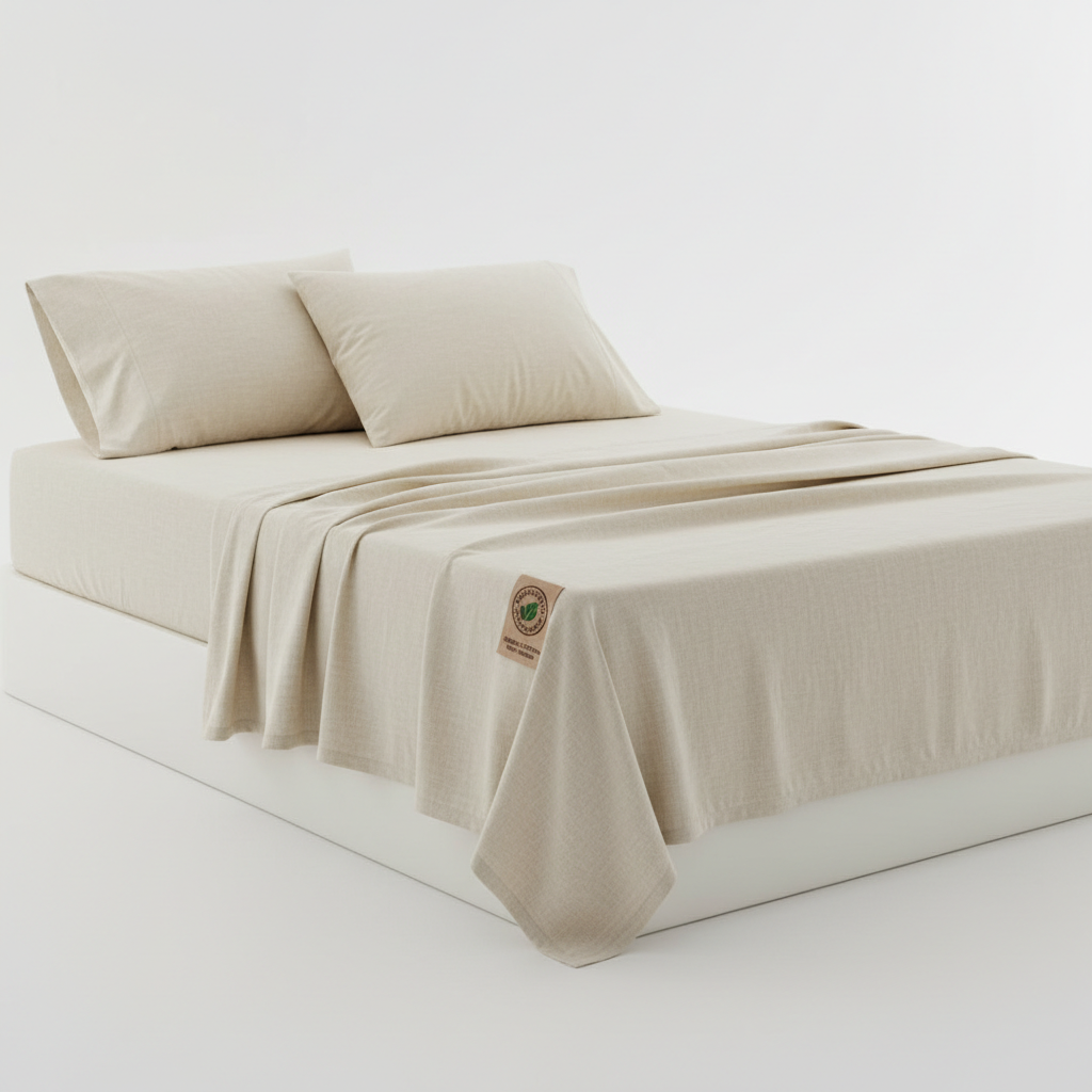 Organic cotton fitted sheet on white background