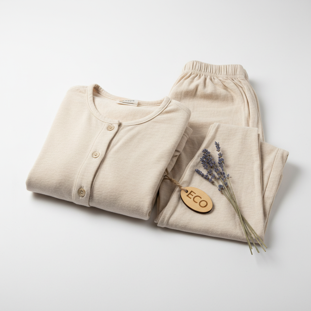 Eco-friendly organic cotton sleepwear set on white background